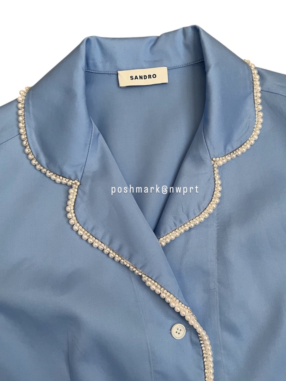 NWT 💯 SANDRO Paris Pearl Rhinestone Beaded Cotton Blouse Top Shirt Blue 34 0 XS - Picture 6 of 12